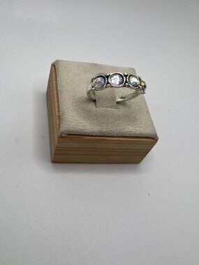 Silver Tone‎ Ring with Round Iridescent Rainbow Stones, Size 5.5